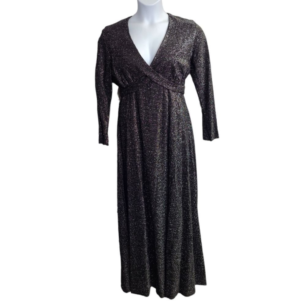 VINTAGE 70s silver sparkle long sleeve v-neck tie‎ back maxi gown dress L